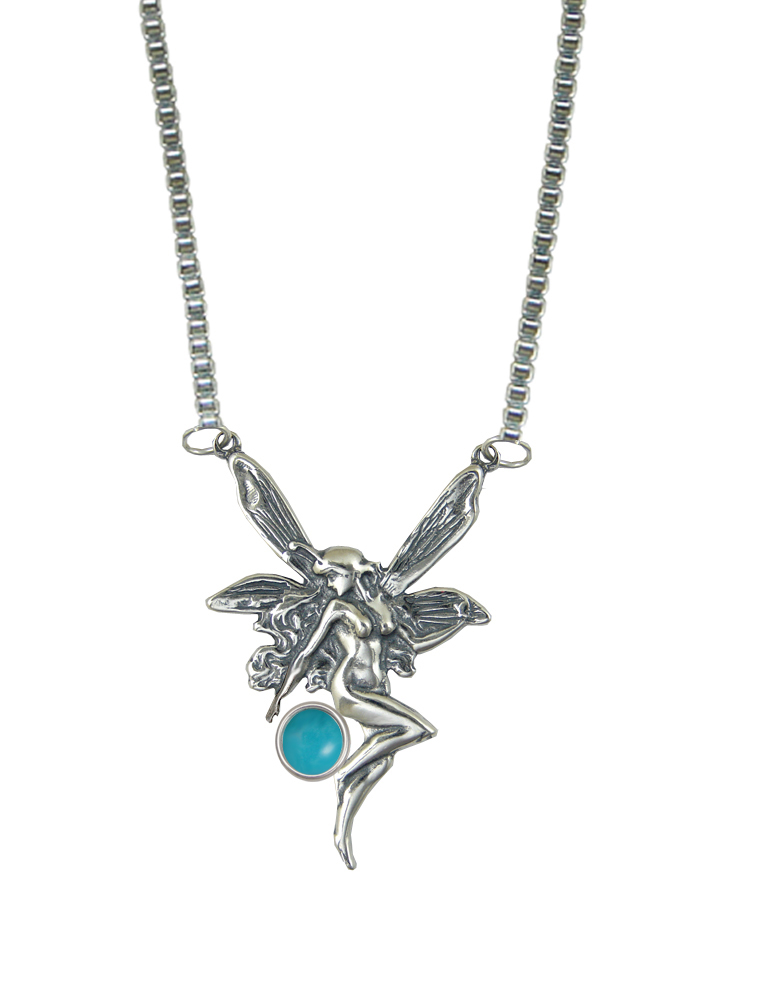 Sterling Silver Victorian Winged Fairy Necklace With Turquoise
